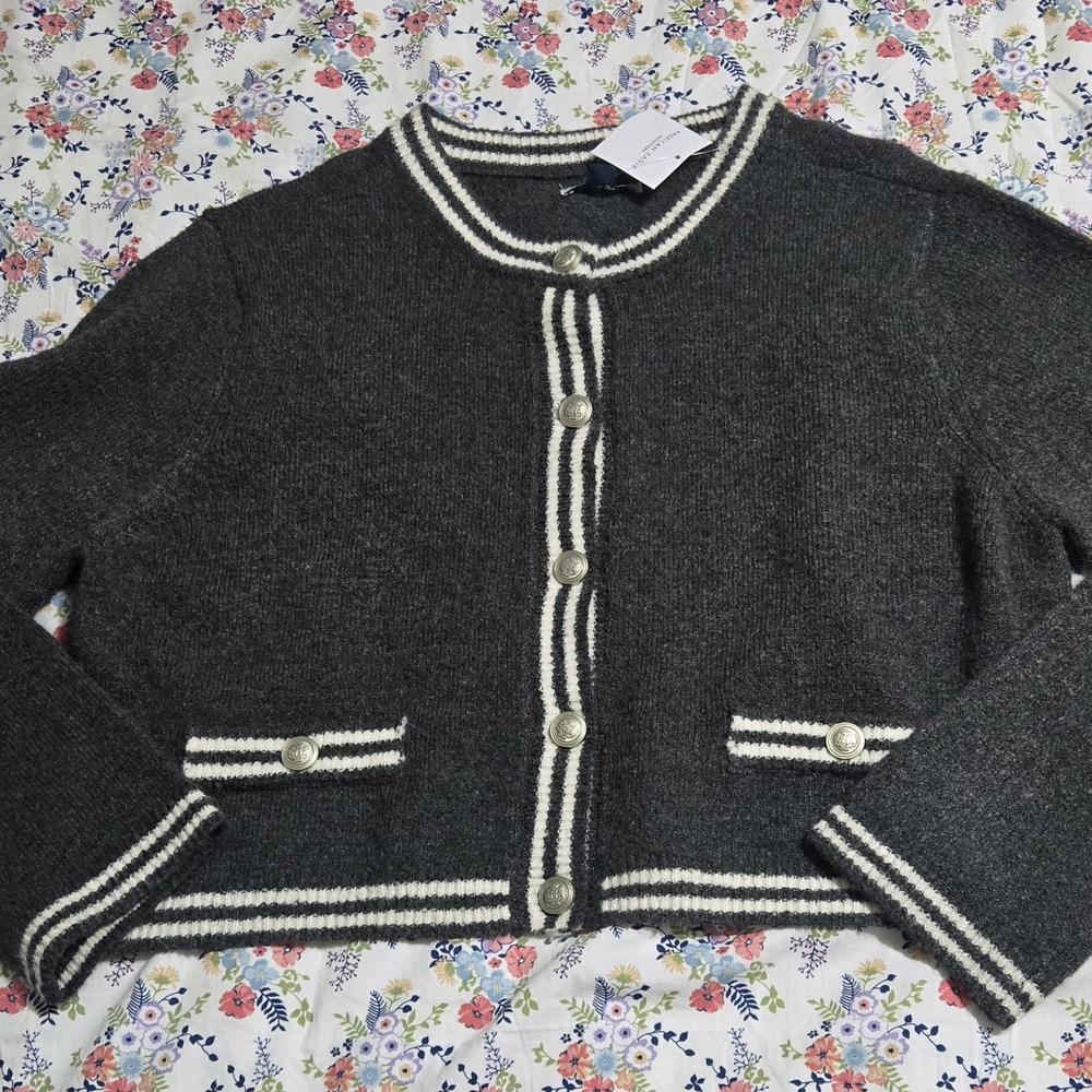 American Eagle Outfitters Charcoal Cardigan with Ivory Accents